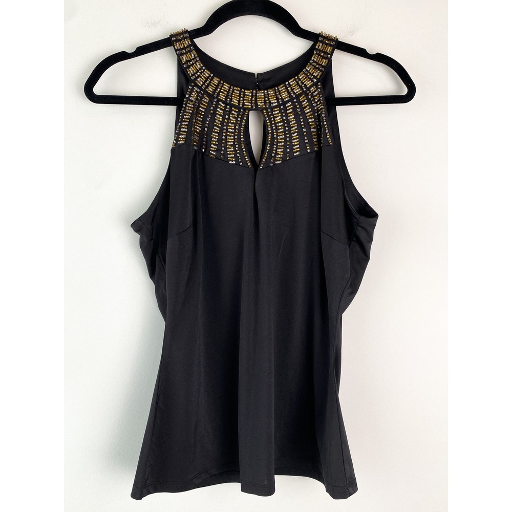 Cache Y2K‎ Beaded Neck Slinky Blouse M Black Keyhole Sleeveless Whimsigoth Club